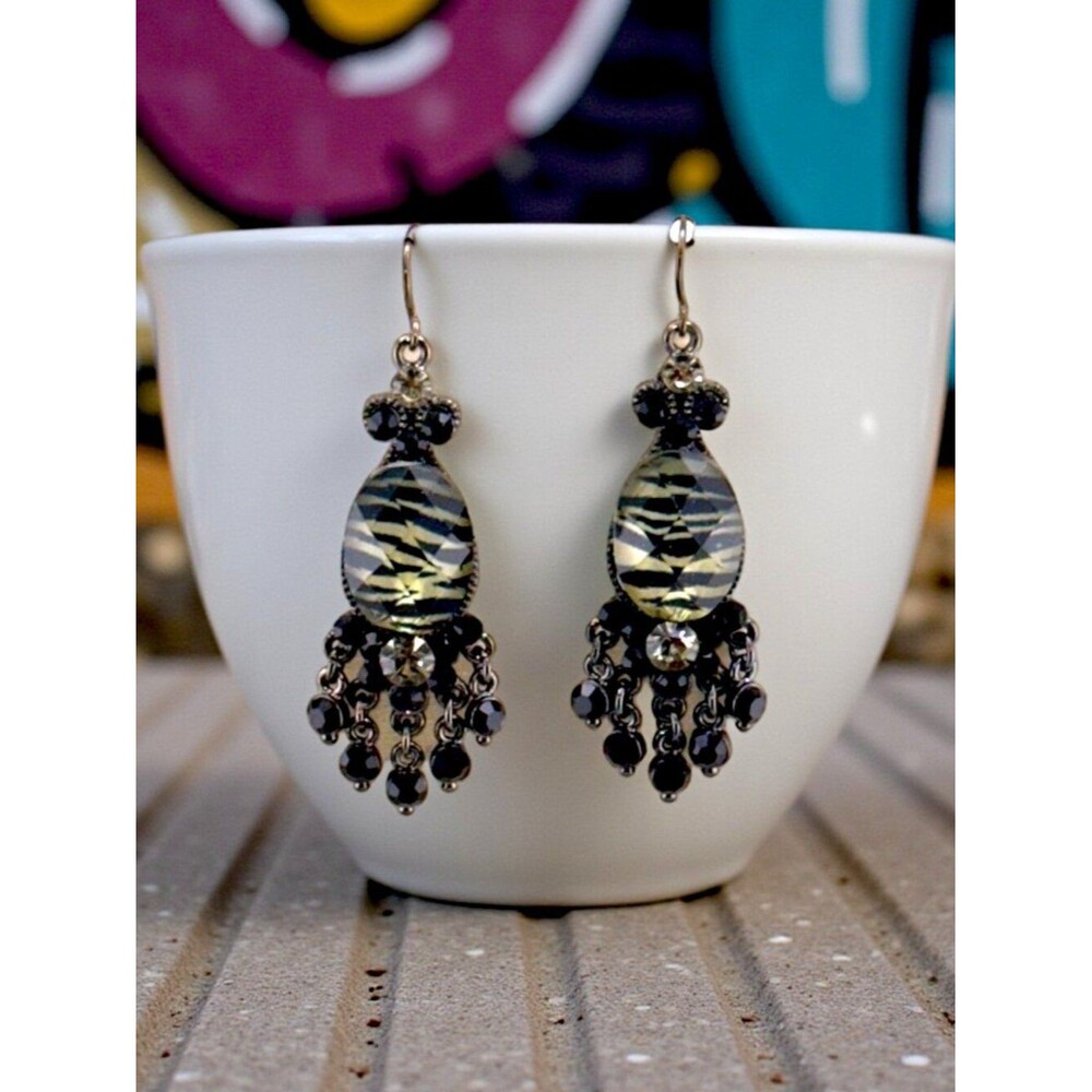 Vintage Zebra Print Chandelier Earrings Black Gunmetal Beaded Fringe Y2K
